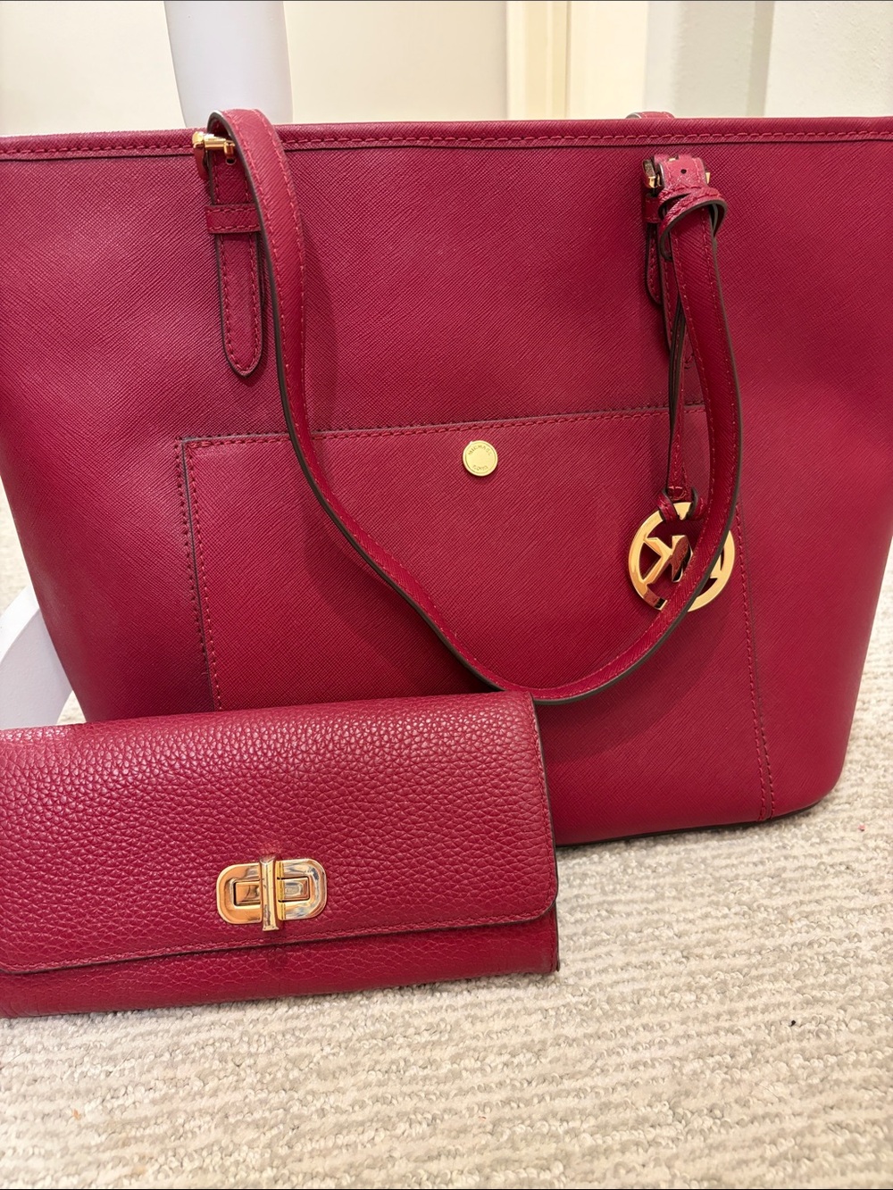 Michael Kors Wine Red Saffiano Leather Tote with Gold MK Charm & Matching Wallet